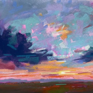 Original painting, sunset painting, soft pastel art, artwork, dramatic sky, original wall art, landscape painting, skyscape sunset art