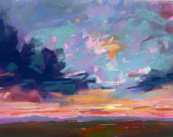 Original painting, sunset painting, soft pastel art, artwork, dramatic sky, original wall art, landscape painting, skyscape sunset art