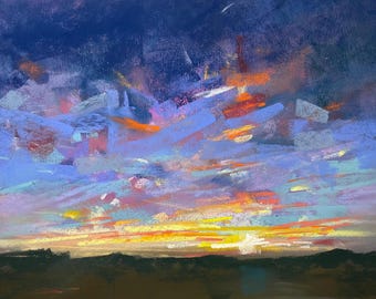 Original painting, sunset painting, soft pastel art, artwork, dramatic sky, original wall art, landscape painting, skyscape sunset art