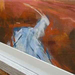 May include: Abstract painting with a white path winding through a landscape of brown, orange, and blue hues.