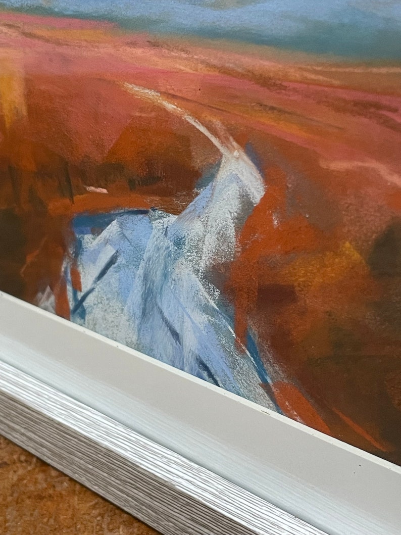 May include: Abstract painting with a white path winding through a landscape of brown, orange, and blue hues.