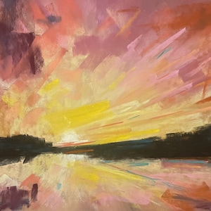 Original painting, sunset painting, soft pastel art, artwork, dramatic sky, original wall art, landscape painting, skyscape sunset art