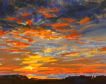 Original painting, sunset painting, soft pastel art, artwork, dramatic sky, original wall art, landscape painting, skyscape sunset art
