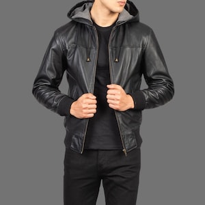 Black Leather Hooded Motorcycle Jacket Mens, Handmade Mens Leather Jacket With Hood, Best Hoodie jacket Gift For Him