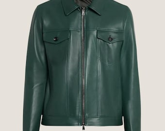 Jaqueta masculina de couro de cordeiro verde estilo trucker - Casaco artesanal com zíper frontal completo