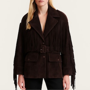 Boho Wildleder Fransen Jacke: Handgemachter Mantel im westlichen Stil mit Gürtel