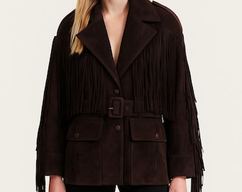 Mörkbrun mockajacka med fransar | Boho-stil med skärp: Ytterkläder och streetwear i västerländsk stil