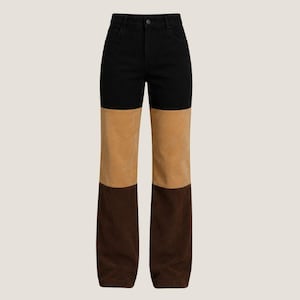 Women Color Block Suede Pant - High Waist Patchwork Wide Leg Trouser For Outerwear