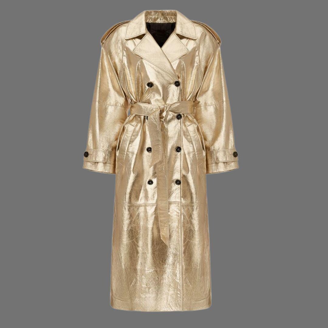 ゴールドメタリックレザートレンチコート｜ダブルブレスト、ベルト付き