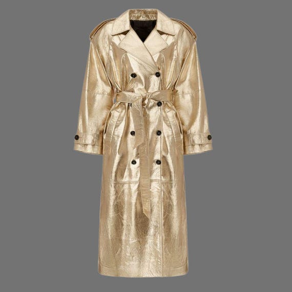 ゴールドメタリックレザートレンチコート｜ダブルブレスト、ベルト付き