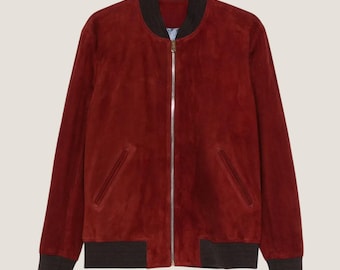 Men's Oxblood Suede Bomber Jacket - Handmade Sheepskin Leather