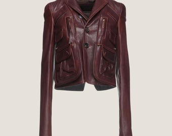 Handmade Burgundy Cropped Sheepskin Leather Jacket, Women's Outerwear