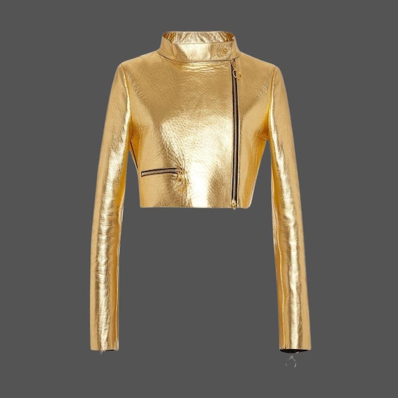 Women's Golden Cropped Leather Jacket – Metallic Motorcycle Style