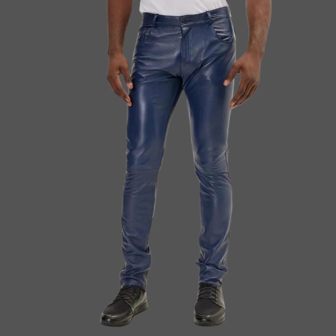 Blue Leather Pants for Men Handmade Slim Cut Lambskin Leather