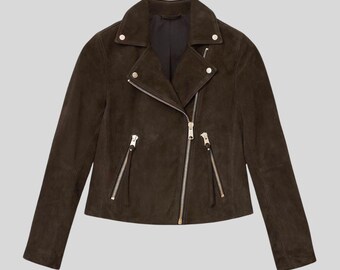 Handmade Dark Brown Suede Biker Jacket - Cropped Moto Outerwear