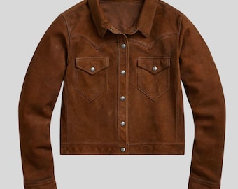 Brown Suede Cropped Jacket Women - Handmade Button Up Streetwear - Casual Wear For Her