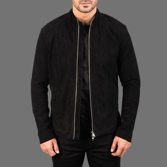 Mens Handmade Black Suede Bomber Jacket, Goatskin Leather