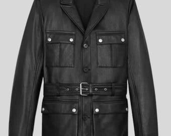 Men's Black Leather Safari Jacket – Handmade Belted Utility Outerwear