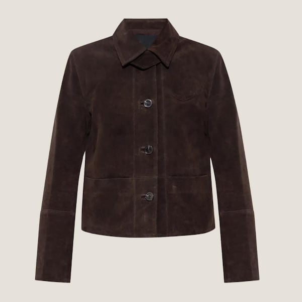 Button-Up Suede Jacket with Ribbed Hem - Brown