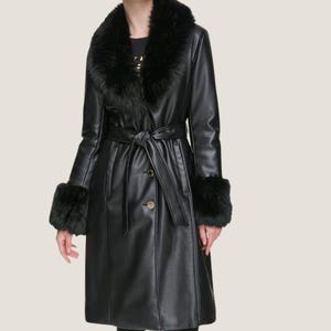 Womens Black Leather Trench Coat with Faux Fur Lapel Collar & Cuff – Winter Fur Coat with Waisted Belt, Vintage Women Clothing For Outerwear