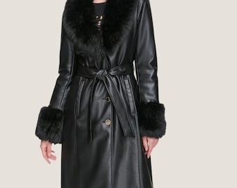 Black Genuine Leather Trench Coat – Faux Fur Collar & Cuffs, Belted Winter Coat