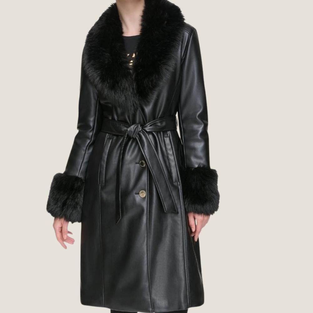 Womens Black Leather Trench Coat With Faux Fur Lapel Collar Cuff