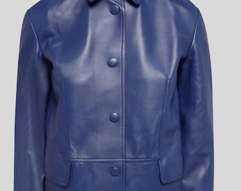 Chaqueta de piel auténtica azul Skyline para mujer - Chaqueta con botones