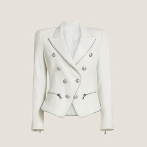 White Leather Blazer for Women – Sheepskin Fitted Jacket with Silver Zips – Double Breasted Moto Style Coat – Handmade Fashion Outfit