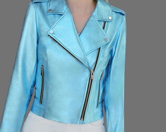 Metallic Leather Jacket Women, Blue Leather Motorcycle Jacket, Lightweight Fashion Jacket For Outerwear 2024, Best Gift For Her, Wife Gift