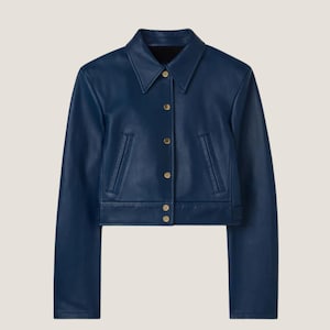 Handmade Blue Cropped Nappa Leather Jacket – Fashion Outerwear for Women | Vintage Button-Up Jacket - Long Sleeves Jacket - Gift For Her