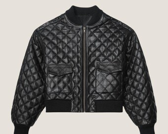 Handmade Quilted Sheepskin Bomber Jacket – Cropped Black Leather Outerwear