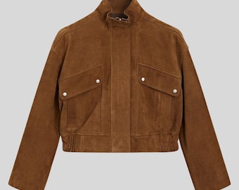 Chaqueta corta de ante de piel de cabra hecha a mano - Bomber marrón tostado