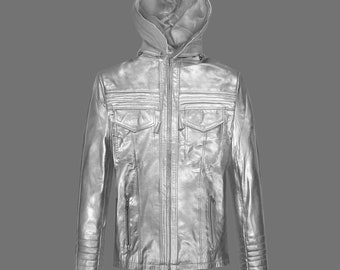 Metallic Silber Lederjacke Herren, Mode Bomber mit Kapuze