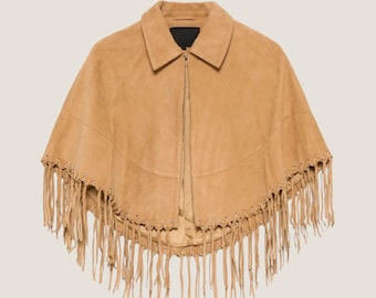 Handmade Beige Suede Fringe Cape – Western Boho Poncho