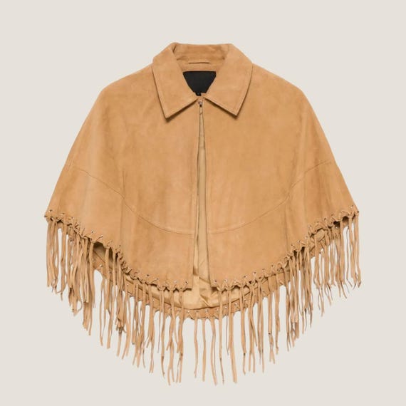 Handmade Beige Suede Fringe Cape – Western Boho Poncho
