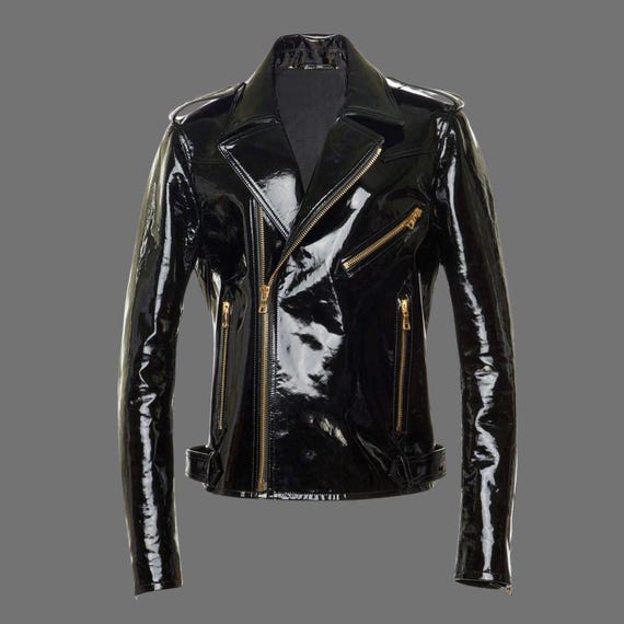 Glänzende schwarze Vinyl Bikerjacke für Damen mit goldenen