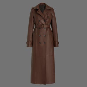 Women’s Brown Long Leather Trench Coat – Full-Length Double-Breasted Coat with Belted Waist and Notch Collar, Perfect Winter Outerwear
