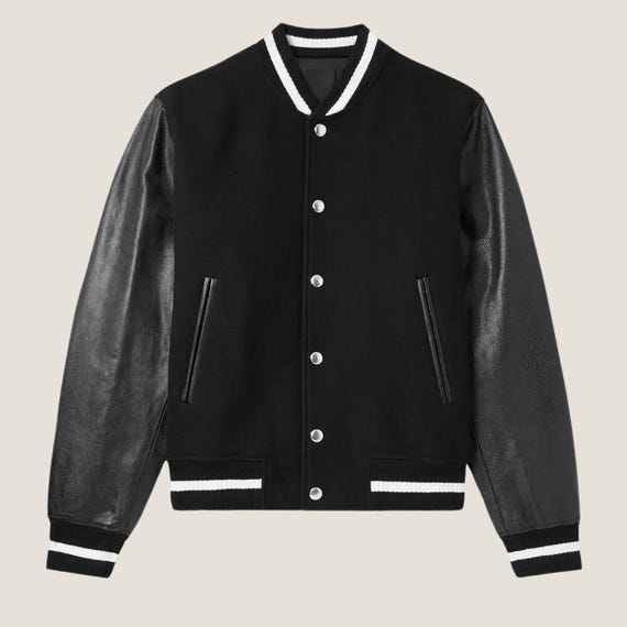 Mens Black Wool Varsity Jacket: Genuine Leather Sleeves, Handmade