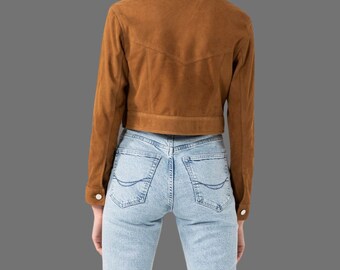 Cropped Suede Jacket Women, Brown Trucker Suede Jacket for
