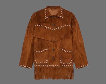 Mens Western Jacket With Fringes, Brown Suede Western Jacket For Men, Cowboy Suede Jacket With Fringes,  Vintage Leather Jacket Mens 2024