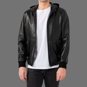 Mens Black Hooded Leather Jacket, Mens Leather Jacket With Hoodie, Black Lambskin Leather Racing Jacket, Handmade Leather Hooded Jacket
