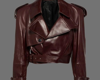 Women&#39;s Lambskin Leather Cropped Biker Jacket – Premium Burgundy Moto Coat with Belted Waist and Vintage Style, Womens Outerwear Clothing