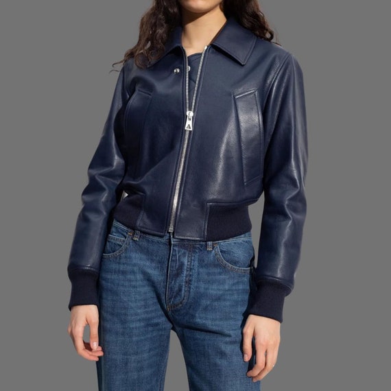 Cropped Blue Bomber Leather Jacket Women Handmade Motorcycle Style Short Women Leather Jacket Best Gift for Her Etsy Ireland