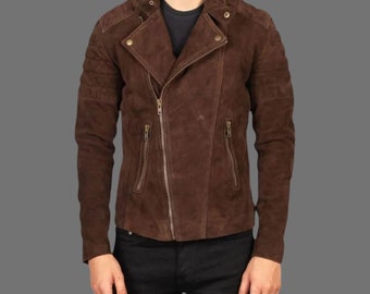 レザージャケット・コート Brown Suede Embroidered Jacket Men's Fashion Brown Suede Slim Fit Racer Leather Jacket