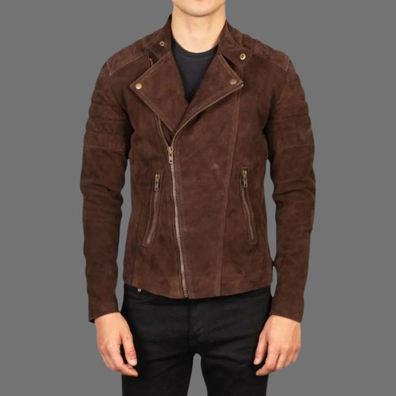 Brown Suede Leather Biker Jacket for Men, Mens Suede Motorcycle
