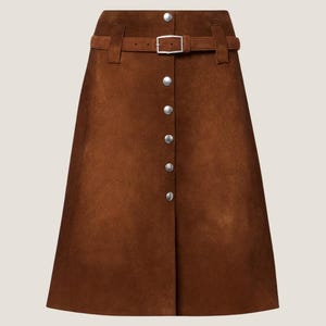 Women Brown Suede Midi Skirt – A-Line Belted Skirt – Handmade Button Front Skirt – Womens Vintage Style Skirt – Fall Fashion Outerwear Skirt