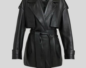 Handgefertigter Leder Trenchcoat - Damen Schößchen Schwarze Jacke