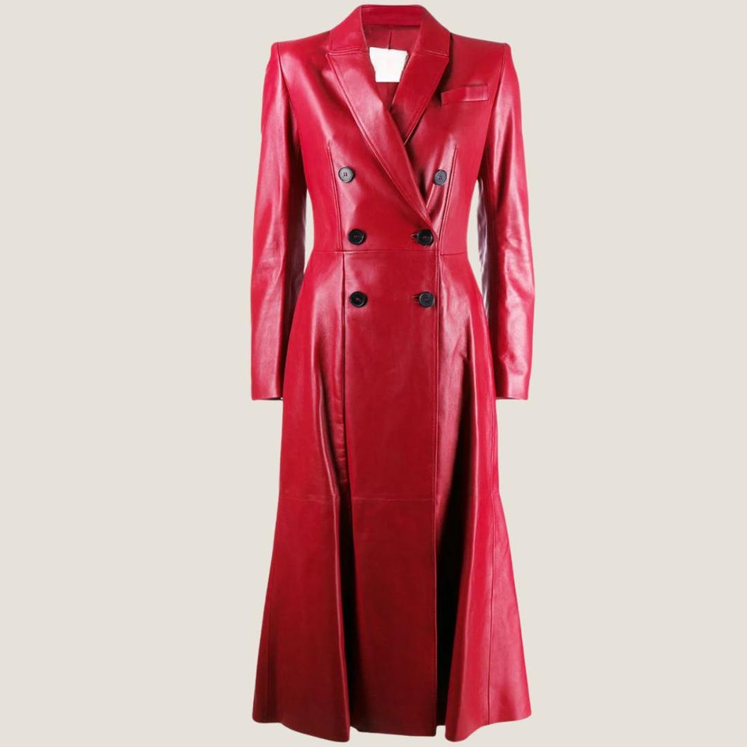 Luxury Red Long Leather Trench Coat for Women - Handmade Valentine