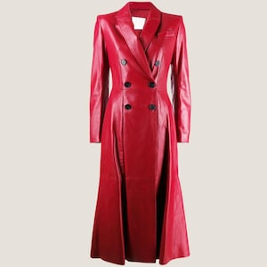 Luxus Roter Langer Leder Trenchcoat Für Damen - Handgefertigte Valentine Kleidung und Geschenk für Sie, Damenmode Mantel Für Streetwear 2025