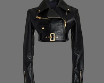 Black Cropped Leather Motorcycle Jacket For Women With Gold Zipper Details, Long Sleeve, Trending Women&#39;s Outerwear, Perfect Gift For Her